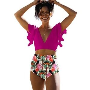 Bikini Set Womens S Hot Pink Ruffle V-Neck High Waisted Tropical Toucan 431 NWT